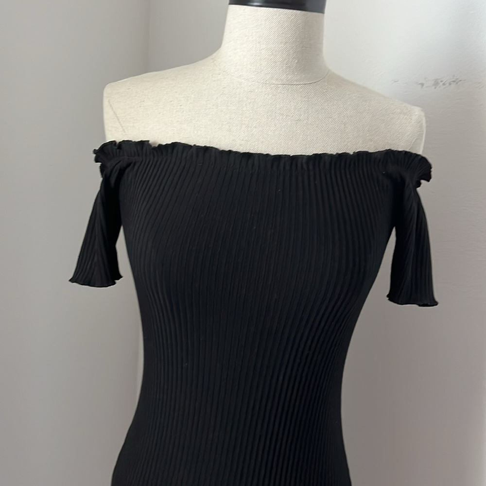Iris black Ribbed knit lettuce trim off shoulder dress